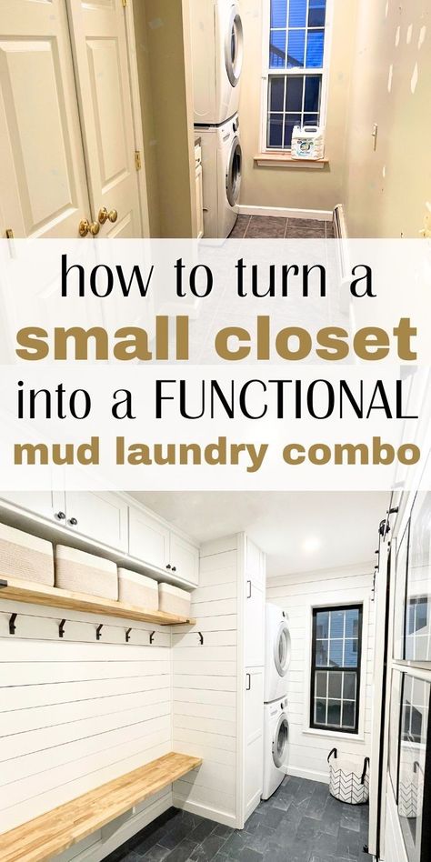 Hands down the BEST mud room ideas! From mudroom entryway storage and organization like shoes storage ideas, closet, or storage cabinet ideas, to modern farmhouse decor, bench ideas, floor ideas, tile floor + more. These mud room laundry room combo ideas make the most of a narrow entryway or small mudroom layout using stackable machines. So if you have a garage entrance with window, need design or layout floor plans - this post is for you! Save now and discover the best DIY small mudroom ideas! Between The Studs Broom Closet, Broom Storage In Laundry Room, Diy Mudroom Ideas, Farmhouse Mud Room, Mud Room Laundry Room Combo, Laundry Room Combo, Narrow Laundry, Small Mudroom, Small Mudroom Ideas