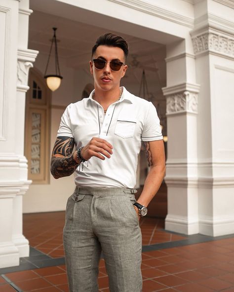 Blake Scott on Instagram: “Exploring Singapore! It’s quite hot and humid here, so these linen trousers and moisture wicking polo are key!  #BlakeScott #Singapore…” Cuban Outfit, Hype Pics, Blake Scott, Mens Street Style Summer, Fashion Designer Quotes, Pants Outfit Men, Mens Summer Outfits, Best Mens Fashion