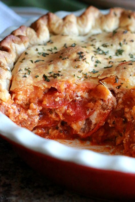 Warm Cheesy Sausage & Pepperoni Pot Pie Italian Pot Pie, Deep Hamburger Sausage And Pepperoni Pie, Recipes Using Pepperoni, Pizza Pot Pie Recipe, Pizza Pie Recipe, Pizza Pot Pie, Savory Tarts, Sausage Pizza, Winter Meals