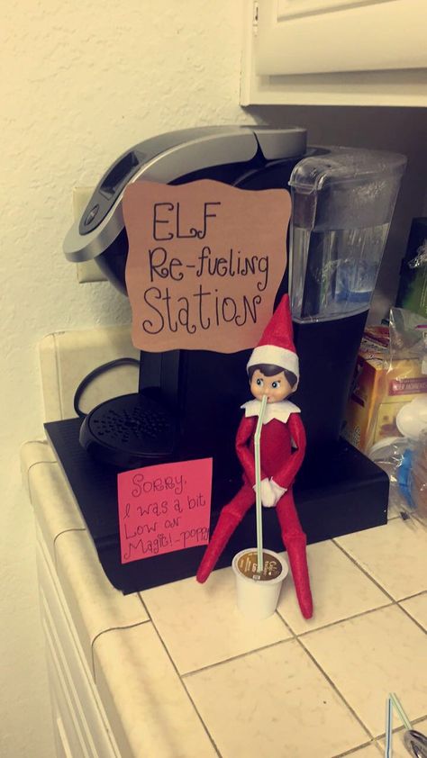 Elf on the Shelf ideas "Elf re-fueling Station" College Elf On The Shelf Ideas, Elf On The Shelf Camper Ideas, Elf On A Shelf Traveling, Salon Elf On The Shelf, Office Elf On A Shelf Ideas, Firefighter Elf On The Shelf, Elf On The Shelf Nursing Ideas, Elf Office Ideas, Elf On The Shelf Hair Salon