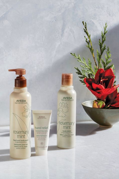 Aveda Aesthetic, Bottles Photography, Holiday Product Photography, Skincare Photo, Aveda Skin Care, Aveda Products, Christmas Layout, Alphabet Logo, Aveda Hair