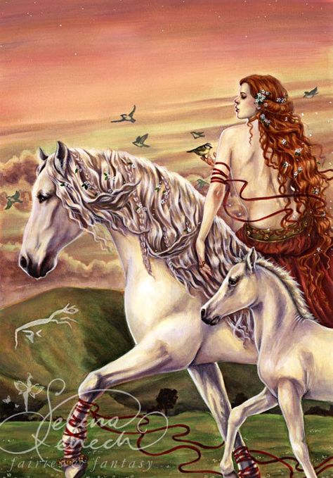 “Rhiannon’s themes are movement, communication, rest, ghosts, fertility and leadership. Her symbols are the color white, horses and the moon.  This Celtic horse Goddess rides into our f… Celtic Deities, Celtic Gods, Oh My Goddess, Celtic Goddess, Celtic Mythology, Athena Goddess, Triple Goddess, Goddess Art, Fantasy Artist