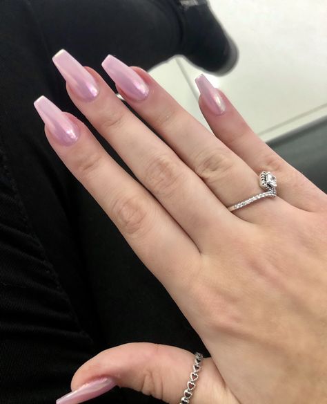 Pink Pearl Nails Coffin, Coffin Pink Chrome Nails, Light Pink Chrome Nails Coffin, Baby Pink Crome Nails, Ballerina Nails Chrome, Pink Chrome Coffin Nails, Chrome Coffin Acrylic Nails, Pink Chrome Coffin, Chrome Nails Coffin