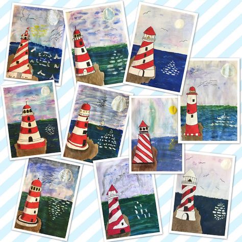 Art Room Britt: Lighthouse Seascape Mixed-Media Collage Art Room Britt, Lighthouse Art For Kids, Lighthouse Activities For Kids, Lighthouse Activities, Media Art Ideas, Mixed Media Art Ideas, Lighthouse Craft, Mary Fedden, Art Ideas For Kids