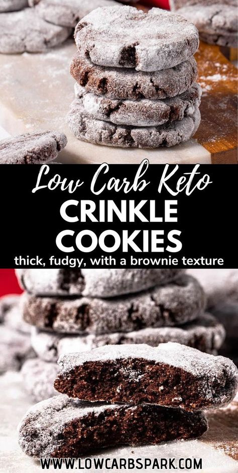 These keto crinkle cookies, with their thick, fudgy brownie texture and only 2g net carbs, are a gluten-free delight that’s incredibly easy and fun to make, making them perfect for the Christmas season and beyond; they’re soft on the inside, crispy on the outside, and with simple low-carb ingredients, this sugar-free and gluten-free recipe stores well, so you can prepare them ahead of time. Low Carb Christmas Treats, Christmas Crinkle Cookies, Low Carb Christmas Cookies, Low Carb Christmas, Keto Christmas Cookies, Low Carb Backen, Crinkle Cookies Recipe, Low Carb Holiday, Chocolate Crinkle