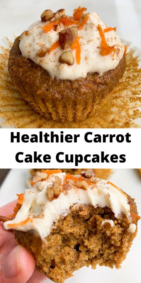 Healthy Carrot Cupcakes, Carrot Cake Cupcakes Healthy, Healthier Carrot Cake, Healthy Easter Dessert, Healthy Easter Treats, Healthy Carrot Cake Muffins, Noom Recipes, Healthy Cream Cheese, Sugar Carrots