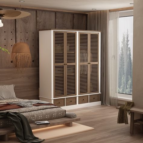 63"X74.8"Spacious Shutter Door Wardrobe Bedroom Armoire Closet Cabinet - Bed Bath & Beyond - 38280004 Brown Shutters, Classic Shutters, Mdf Shelves, 4 Door Wardrobe, Hardware Storage, Wood Armoire, Bedroom Armoire, Closet Cabinets, Cabinet Bed