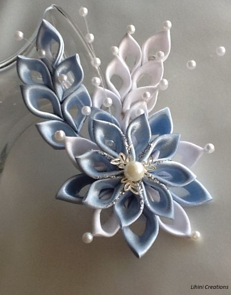 Hair Clip - Light Blue Baby Blue and White Kanzashi Flower  https://www.etsy.com/listing/521824977/hair-clip-light-blue-baby-blue-and-white?ref=shop_home_active_23 Light Blue And White Wedding, Blue And White Wedding Flowers, Pearls Wedding Hair, Ribbon Flowers Diy, Diy Lace Ribbon Flowers, Blue And White Wedding, Kanzashi Tutorial, Ribbon Flower Tutorial, Diy Hair Accessories Ribbon