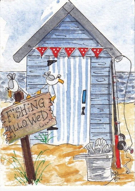 Beach Huts Art, Seaside Art, Beach Illustration, Beach Shack, Beach Watercolor, Happy Paintings, Watercolour Art, Pen And Watercolor, Beach Hut