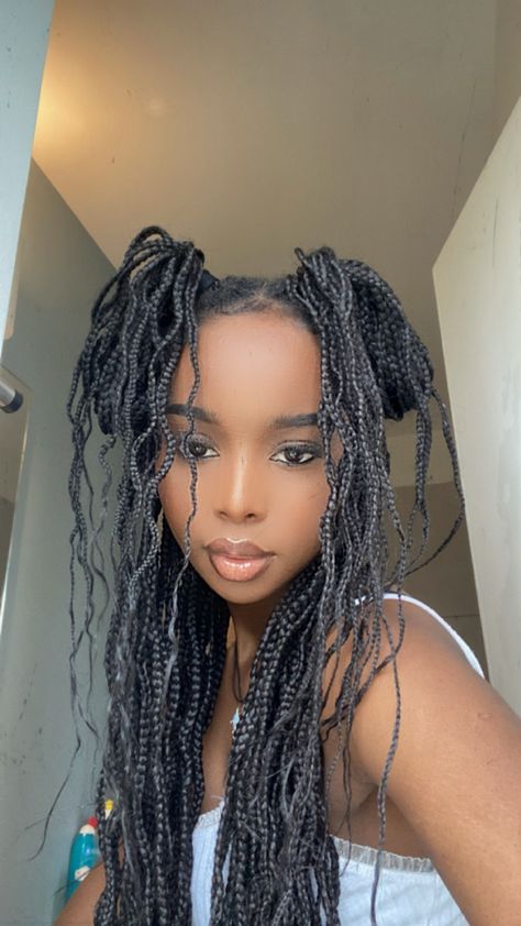 Space bun but cuter and with braids. Two Bun Box Braids Hairstyles, Braids In Space Buns, Goddess Braids Space Buns, Two Buns Box Braids, Space Bun Box Braids, Two Buns Knotless Braids, Knotless Braids Space Buns, Box Braid Space Buns, Box Braids Space Buns