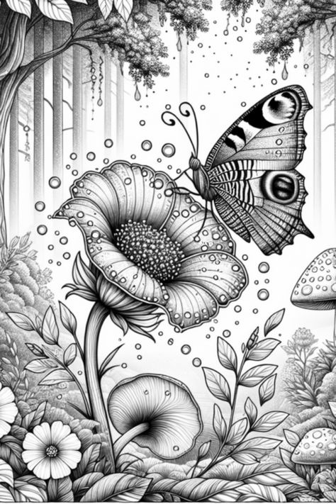 Escape to a magical wonderland with a mesmerizing butterfly fluttering over enchanting blooms on this intricate coloring page. Dive into creativity as you decorate this scene with whimsical mushrooms, lush leaves, and majestic trees. Perfect for a relaxing time or bonding with family and friends. Magical Forest Art, Coloring Pages Flowers, Adult Coloring Pages Free Printable, Zentangle Coloring Pages, Whimsical Mushrooms, Butterfly Forest, Butterfly Coloring Pages, Sunflower Coloring Pages, Forest Coloring Book