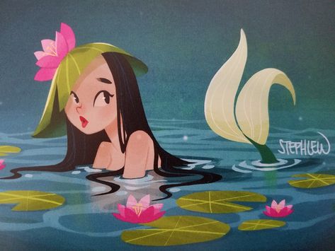 Water lilies mermaid and Lotus cute artwork illustration. Artist Stephanie Lew Lily Pad Character Design, Lotus Flower Crown, Water Lilies Illustration, Lotus Character Design, Water Lily Illustration, 2024 Sketchbook, Lily Pad Drawing, Children Book Illustration Watercolor, Water Lilies Art