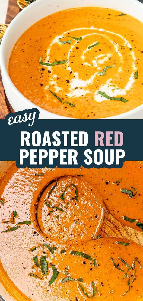 Red Pepper Bisque Soup, Roasted Red Pepper Bisque, Red Bell Pepper Soup, Red Pepper Soup Recipe, Roasted Red Peppers Recipes, Tomato Soup Healthy, Roasted Pepper Soup, Red Soup, Pepper Soup Recipe