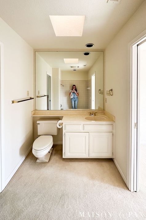 See how a 1980's standard space was transformed into a moody blue bathroom with elegant, timeless appeal. English Modern Bathroom, Moody Blue Bathroom, English Country Bathroom, French Style Bathroom, 80s Bathroom, English Modern, Makeover Before And After, Picture Frame Molding, Organization Furniture