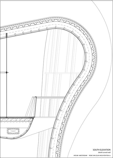 ARchitecture Centre Amsterdam (ARCAM), Oosterdok, Netherlands by René van Zuuk Architekten Catenary Architecture, Concrete Roof Detail, Detail Architecture Drawing, Wood Pavilion, Curve Building, Wall Section Detail, Details Drawing, Shell Structure, Detail Drawing