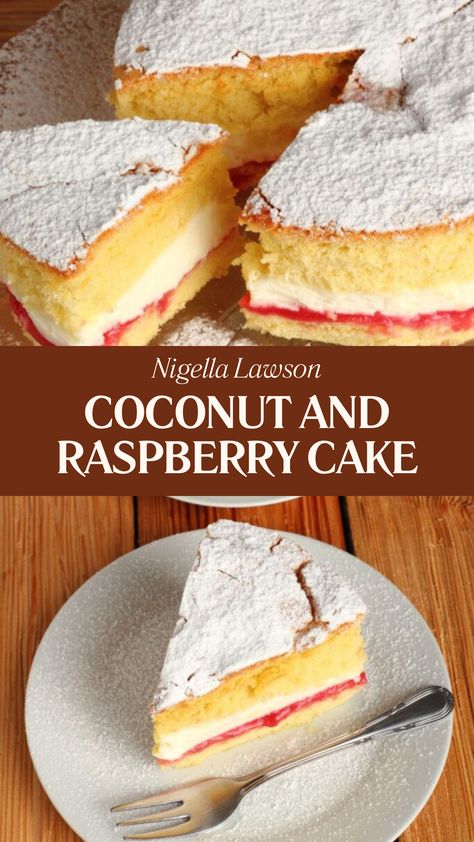 Nigella Coconut And Raspberry Cake Nigella Recipes, Lazy Cake, James Martin Recipes, Nigella Lawson Recipes, Jam Cake, Choc Cake, Sweets Candy, Recipes Baking, Sponge Cake Recipes