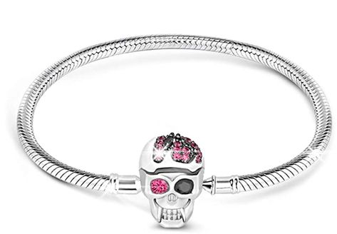 GNOCE DESIGN SKULL CLASP BRACELET -- This Eye-Catching Sterling Silver Bracelet Features A Skull Encrusted With Black And Fuchsia Crystals. Beautifully Handcrafted In Sterling Silver With An Elegant And Flawless Look. You Can Choose Your Own Size To Ensure A Perfect Fit For Your Wrists. A Great Addition To Any Jewelry Collection. Enhanced With Crystals And Unique Design, This Skull Bracelet Will Bring Striking Attention To Any Look. Charms Bracelets, Clasp Bracelet, Skull Bracelet, Bracelet Clasps, Diamond Bracelets, Silver Bracelets, Beautiful Bracelet, Sterling Silver Bracelets, Unique Design