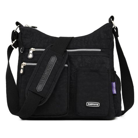 Black Utility Shoulder Bag With Zipper Pocket, Black Nylon Shoulder Bag With Multiple Pockets, Large Capacity Nylon Shoulder Bag For On-the-go, Casual Nylon Shoulder Bag With Anti-theft Pocket, Waterproof Crossbody Bag, Black Shoulder Bag With Zipper Pocket For On-the-go, Womens Messenger Bag, Women Crossbody Bag, Travel Purse