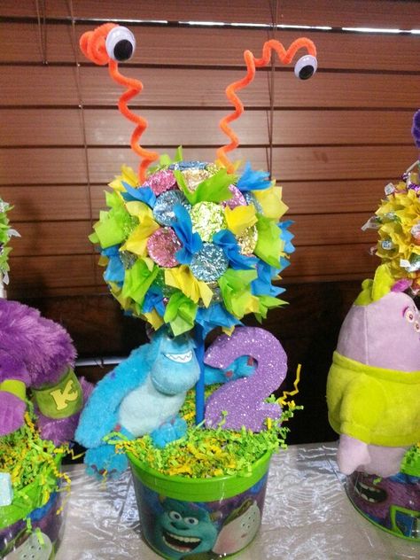 Monsters University Reeses topiary tree  party  centerpieces Monster University Party, University Party, Monster Inc Birthday, Topiary Tree, Monster Inc, Monsters University, Topiary Trees, Monster University, Party Centerpieces