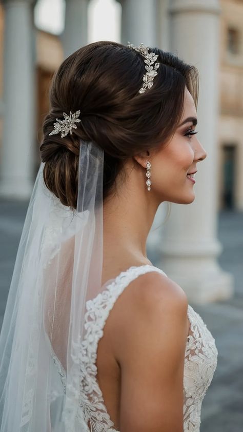 15 Bride Hairstyles with Veil Ideas: Celebrate Your Glamorous Day in Style! - pulsepathlife.com Bridal Hair With Tiara And Veil Half Up, Modern Bride Hairstyles, Hairstyle With Tiara, Updo Veil, Updo Buns, Bride Hairstyles With Veil, Low Bun Wedding Hair, Veil Ideas, Hairstyles With Veil