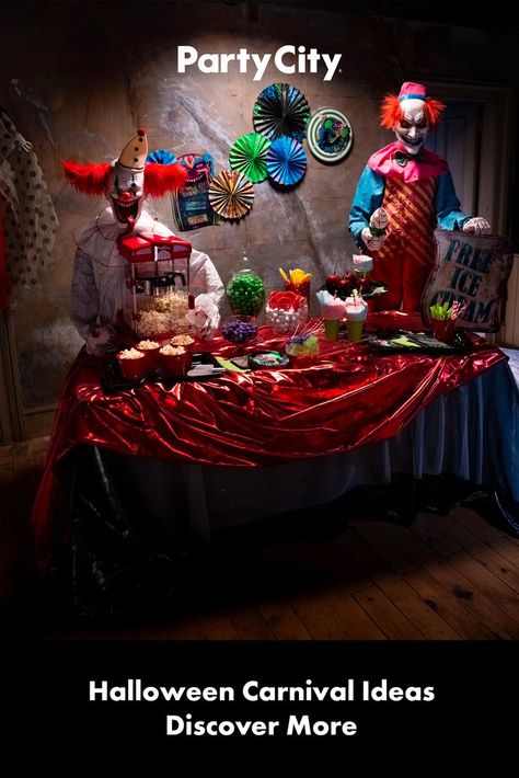 Halloween Carnival Ideas, Carnival Halloween Decorations, Creepy Carnival Halloween, Halloween Decorations Table, Clown Decorations, Clowns Halloween Decorations, Scary Carnival, Carnival Ideas, Creepy Carnival