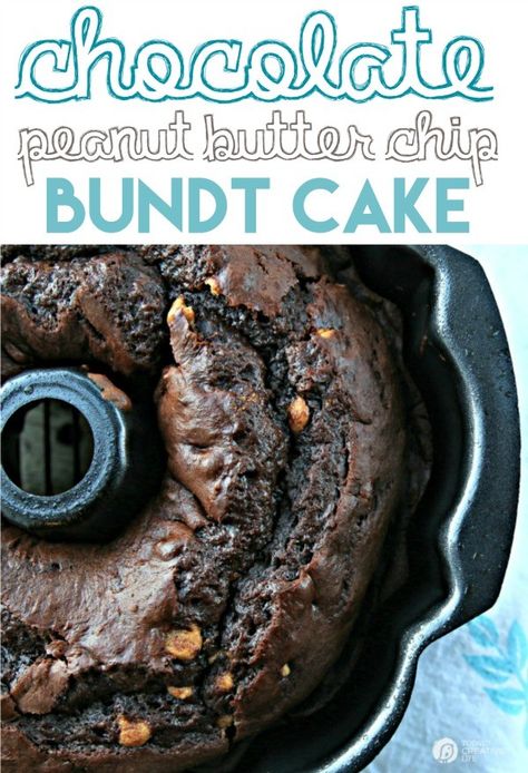 Chocolate Peanut Butter Chip Bundt Cake | Using a cake mix, instant pudding and a few other ingredients, makes this bundt cake the best cake recipe ever! Click the photo for the recipe! Best Cake Recipe Ever, Peanut Butter Bundt Cake, Vegetarian Chocolate Cake, Peanut Butter Desserts, Oreo Dessert, Bundt Cakes Recipes, Peanut Butter Chips, S'mores, Bundt Pan