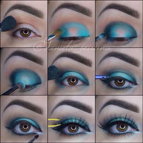 Aqua Eyeshadow Looks, Comp Makeup, Aqua Eyeshadow, Makeup Looks Step By Step, Jasmine Makeup, Maleficent Makeup, Full Makeup Tutorial, Blue Eye Makeup Tutorial, Makeup 2023