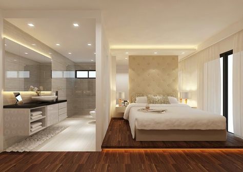 Bathroom Inside Bedroom, Open Plan Bedroom Ensuite, Bedroom Bathroom Combo, Open Bathroom Concept, Hotel Theme, Bathroom Decor Modern, Common Bathroom, Theme Bathroom, White Bedroom Ideas