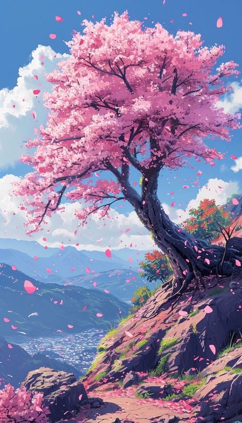 Cherry Blossom Tree Reference, Vibrant Nature Aesthetic, Anime Sakura Tree, Sakura Blossoms Wallpaper, Sakura Tree Aesthetic, Sakura Tree Drawing, Sakura Tree Wallpaper, Sakura Tree Art, Blossom Tree Wallpaper