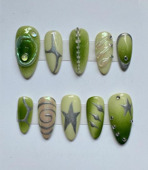 Nails Medium Almond, Green Aura, Press On Nails Medium, Medium Almond, Nails Green, Acrylic Press On Nails, Nails Medium, Silver Chrome, Makeup Cosmetics