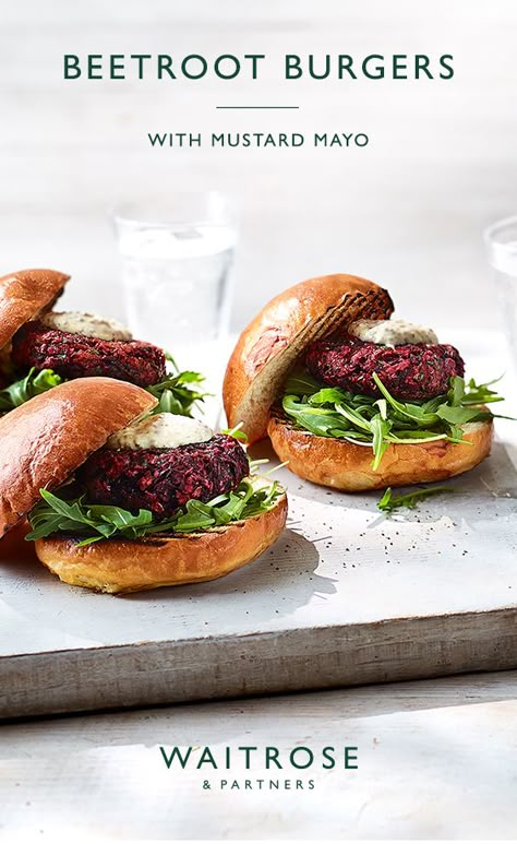 For a vegetarian barbecue this summer, try these vibrant beetroot burgers with a tangy mustard mayo. Serve on a bed of rocket in a toasted bun.   Tap for the full Waitrose & Partners recipe. Cooking Beetroot, Beetroot Burger, Beetroot Burgers, Vegetarian Grilling, Beetroot Recipes, Mayo Recipe, Vegetarian Barbecue, Vegan Grilling, Healthy Grilling Recipes