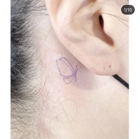 Butterfly Tattoo Behind The Ear, Tattoo Behind The Ear, Purple Butterfly Tattoo, Purple Tattoos, Fine Line Tattoo, Line Tattoo, The Ear, Fine Line Tattoos, Line Tattoos