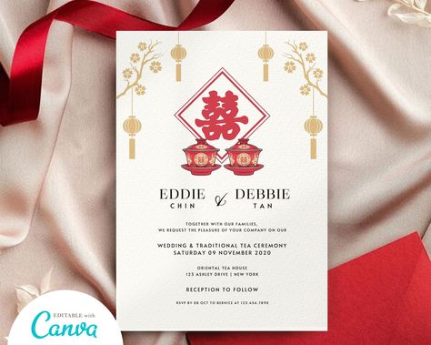 Chinese Tea Ceremony Invitation, Tea Ceremony Invitation, Chinese Wedding Invitation Card, Wedding Tea Cups, Asian Wedding Invitations, Wedding Tea Ceremony, Chinese Wedding Tea Ceremony, Tea Ceremony Wedding, Double Happiness Wedding