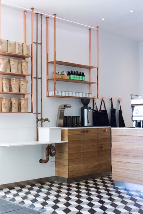 The Often Neglected Small Detail that Could Make a Big Difference in Your Kitchen Copper Shelving, Asian Cafe, Diy Coffee Station, Kitchen Shelving, Estate Design, Design Café, Home Coffee Stations, Kitchen Open, Salon Design