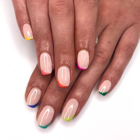 Nail Tip Colours, Coloured French Tips Short, French Polish With A Twist, Nails Coloured Tips, Coloured Tip Nails, Coloured French Nails Tips, Colourful French Tip Nails, Nail Knowledge, Colored French Nails