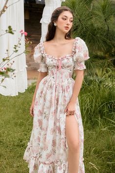 Pretty Cottagecore Dress, Elegant Cottage Core Outfit, Bow Dresses Aesthetic, Floral Cottagecore Outfits, Elegant Picnic Outfit, Ingenue Clothing Style, Fun Midi Dress, Bridgeton Inspired Dresses, Long Summer Dresses Floral