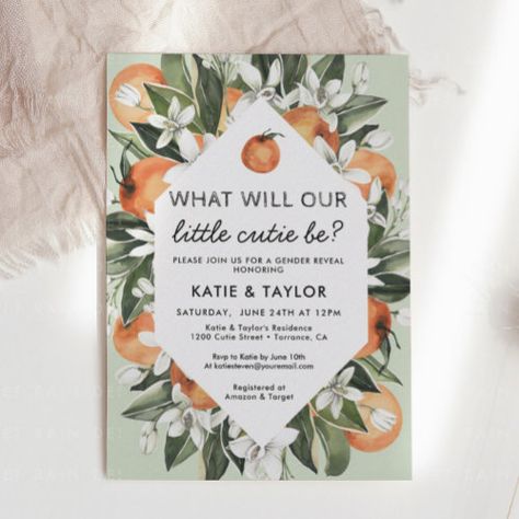 $3.08 | Little Cutie Gender Reveal Party Invitation #orange baby shower, citrus baby shower, clementine, cutie baby shower, cutie is on the way, gender reveal, he or she, little cutie, gender neutral, green Twin Baby Shower Theme, Gender Neutral Invitations, Citrus Baby, Baby Shower Party Invitations, Twins Baby Shower Invitations, Orange Baby Shower, Modern Baby Shower Invitations, Gender Reveal Party Invitations, Baby Shower Supplies