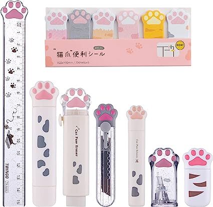 Amazon.com : 8 Pcs Cute Cat Paw Stationery Set Kawaii School Supplies Including Pencil Sharpener Retractable Eraser Correction Tape Sticky Notes Ruler Mini Scissors Utility Knife for Cat Lovers Students (White) : Office Products Cat School Supplies, Kawaii School Supplies Stationery, Mini Scissors, School Guide, Scissors Design, Kawaii School, Cute Stationary School Supplies, Kawaii School Supplies, Correction Tape