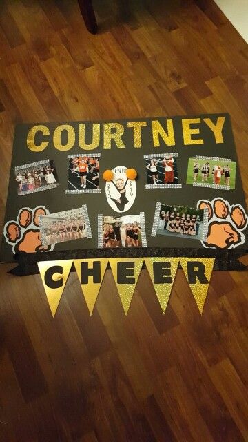 Our attempt at a Senior Night Cheer poster - board.  ☺ Cheer Poster Board Ideas, Cheerleader Posters Ideas Signs, Cheer Board Ideas, Cheer Senior Posters, Homecoming Cheer Posters, Cheerleader Senior Night Posters, Senior Posters Cheer, Cheer Homecoming Poster Ideas, Senior Cheer Poster Ideas