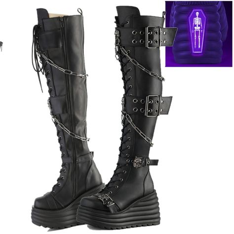 4 1/2" (114mm) Wedge Platform Lace-Up Front Thigh-High Boots 2 Double Grommet Buckle Straps W/ Metal Skull Knockers @ Center And 2 Lower Skull Buckle Straps, Skull Knockers On Outer Heel & Toe, Hanging Chain Detail, Inside Metal Zip Closure, Blacklight Reflective Back Coffin Demonia Women's Us Sizes Brand New Thigh High Goth Boots, Rocker Boots, Goth Boots, Demonia Shoes, White Sneakers Men, Metal Skull, Punk Rocker, Goth Punk, Goth Outfits