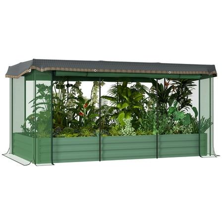 Introducing the Outsunny outdoor planter box crop cage combo. Mesh keeps birds and other animals at bay while allowing sun and rain to nourish the plants inside. A roof shields plants from the heat, preventing burns. An open-bottom garden bed allows drainage and gives long-root plants the room they need to grow. Made from galvanized steel, this metal garden bed withstands weather without cracking. Use the garden bed and plant cage together or separately. Raise your green thumb with Outsunny. Plants For Raised Beds, Plant Cages, Metal Garden Beds, Outdoor Planter Boxes, Garden Boxes Raised, Raised Planter Beds, Planter Beds, Metal Planter Boxes, Thriving Garden