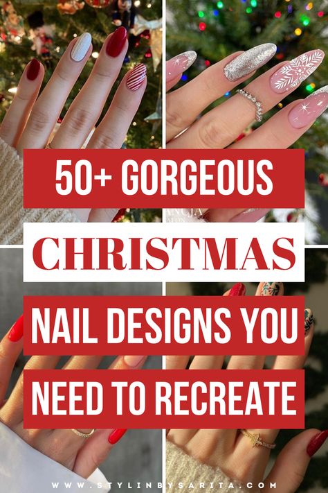 christmas nails Simple Xmas Nails Red, Christmas Accent Nail Designs, Christmas Acrilycs Nails, Christmas Nails Tree Design, Tasteful Christmas Nails, Christmas Present Nails Design, Floral Christmas Nails, Christmas Acrylics Short, Christmas Almond Nails Designs