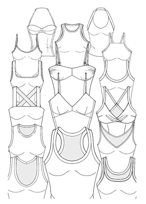 Tank Top Flat Sketch, Yoga Fits, Low Neck Tops, Flat Drawings, Flat Pattern, Technical Drawings, Fashion Illustration Sketches Dresses, Flat Sketches, Fashion Design Patterns