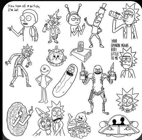 Tattoo Flash Sheet Anime, Tattoo Stencils Cartoon, Cartoon Tattoo Flash Sheet, Nerd Flash Tattoo, Rick And Morty Tattoo Stencil, Rick And Morty Flash Tattoo, Rick Tattoo Design, Rick And Morty Tattoo Design, Tattoo Designs Cartoon