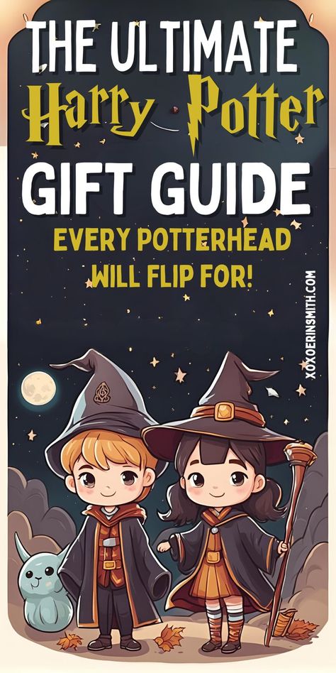 cute witch and wizard with title the ultimate harry potter gift guide every potterhead will flip for! Gift Ideas Harry Potter, Gifts For Harry Potter Fans, Harry Potter Presents, Harry Potter Gift Ideas, Harry Potter Themed Gifts, Harry Potter Christmas Gifts, Harry Potter Gift, Harry Potter Christmas, Stocking Stuffers For Kids