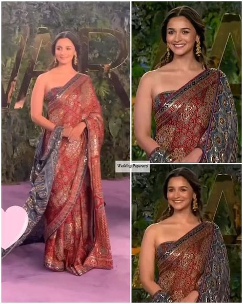 Wedding Style and Fashion | Kinza Nasrullah on Instagram: "@aliaabhatt so stunning in an Ajrak saree at the Joy Awards in Riyadh." Ajrak Saree, January 20, Saree Look, Alia Bhatt, Riyadh, Good Thoughts Quotes, Block Design, Saree Styles, Ethnic Wear