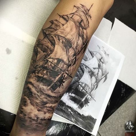 I JUST LOVE GIANT SAIL SHIPS MKAY Tattoo Pirate, Ship Tattoo Sleeves, Nautical Sleeve, Pirate Ship Tattoos, Nautical Tattoo Sleeve, Pirate Tattoo, Sea Tattoo, Men Tattoos, Nautical Tattoo