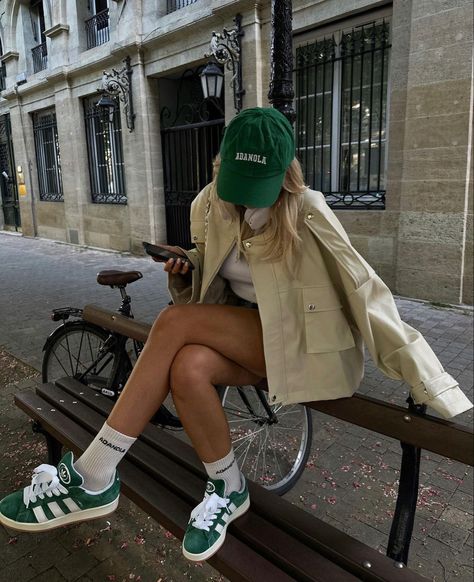 #outfits #aesthetic #eurosummer #adiddascampus #dreamcloset #jacketinspo Adidas Shorts Outfit, Green Shoes Outfit, Outfit Campus, Looks Adidas, Adidas Outfit Shoes, Campus Outfit, Sneaker Outfits Women, Adidas Campus 00s, Look Adidas