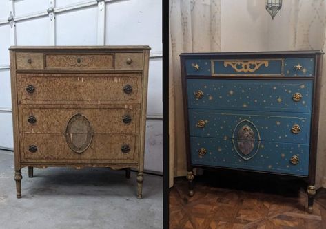 Dark Academia Furniture Diy, Furniture With Stars, Witchy Dresser Makeover, Witchy Painted Furniture, Feyre Painted Drawers, Acotar Painted Dresser, Goth Furniture Diy, Celestial Furniture, Fantasy Pub