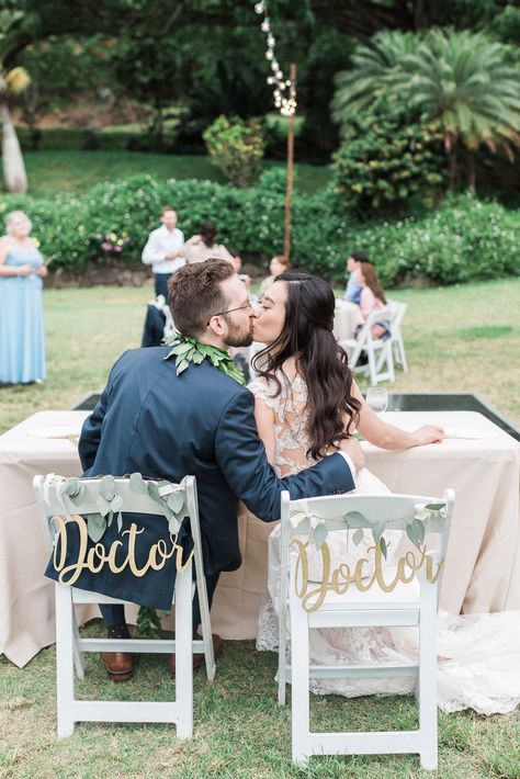 Perfect bride and groom chair decor idea - Doctor and Doctor wedding - Rae Marshall Photography at Kualoa Ranch Paliku Gardens - Oahu Wedding Photography Doctor Wedding, Kualoa Ranch Wedding, Wedding Chair Decor, Paliku Gardens, Oahu Wedding Venues, Happy 2023, Science Wedding, Wedding In Hawaii, Kualoa Ranch